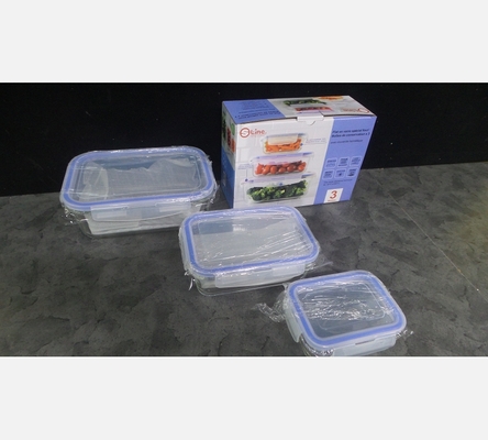 Lot de 3 boites alimentaires de conservation en verre et plastique.