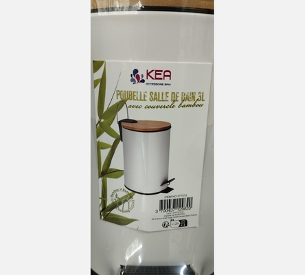 Poubelle de salle de bain en métal blanc et couvercle bambou. 3L