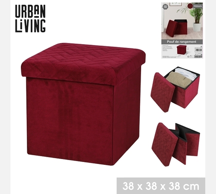 Pouf de rangement pliable KUBE en velours bordeaux.