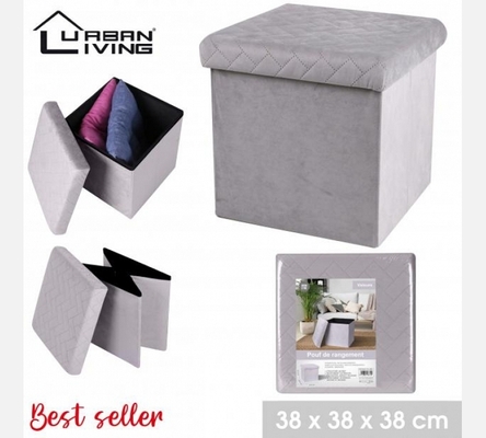 Pouf de rangement pliable KUBE en velours gris clair.