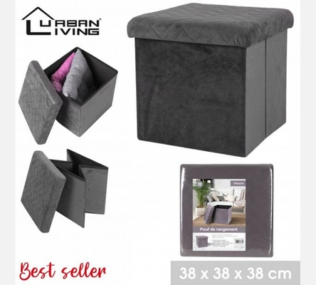 Pouf de rangement pliable KUBE en velours gris foncé.