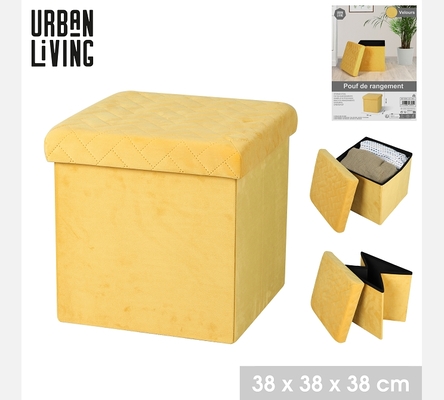 Pouf de rangement pliable KUBE en velours jaune.