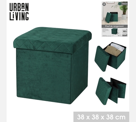 Pouf de rangement pliable KUBE en velours vert.