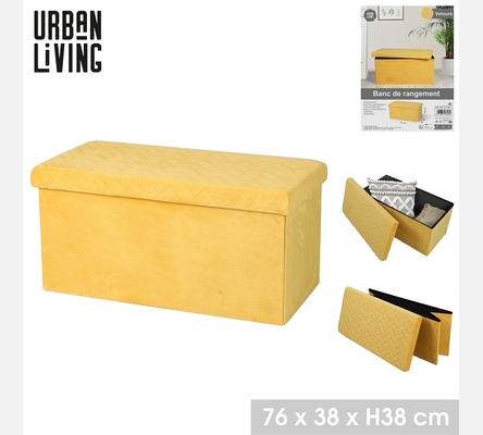 Pouf de rangement rectangulaire pliable KUBE en velours jaune.